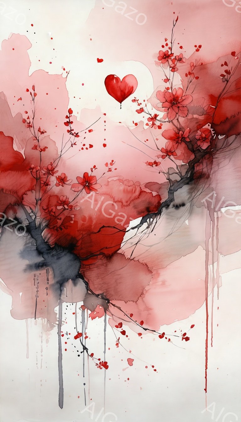 鮮やかな赤と黒のインクで描かれた水彩画のようなイメージで、桜の枝が画面いっぱいに広がっています。中心からは赤いハート型の光が輝き、まるで愛のエネルギーが溢れ出すかのようです。背景はぼかし状の赤色で、抽象的でありながら情熱的で儚い雰囲気を醸し出しています。