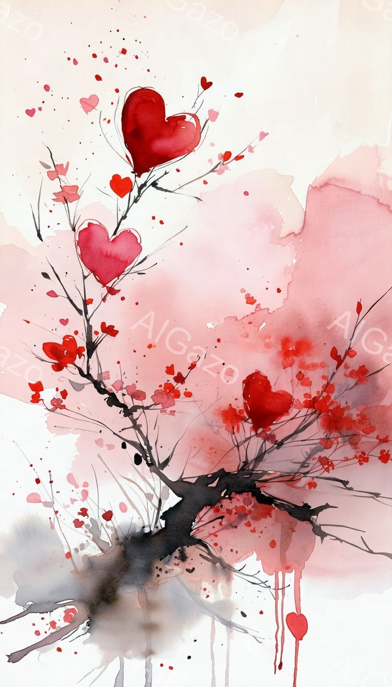 この画像は、水彩画のようなタッチで描かれた、暗い木の枝に赤いハートが咲き乱れる様子を表しています。背景は淡いピンクと赤のグラデーションで、ハートが散りばめられており、ロマンチックで幻想的な雰囲気を醸し出しています。まるで愛が木から生まれて、空間全体に広がっていくような印象を与えます。