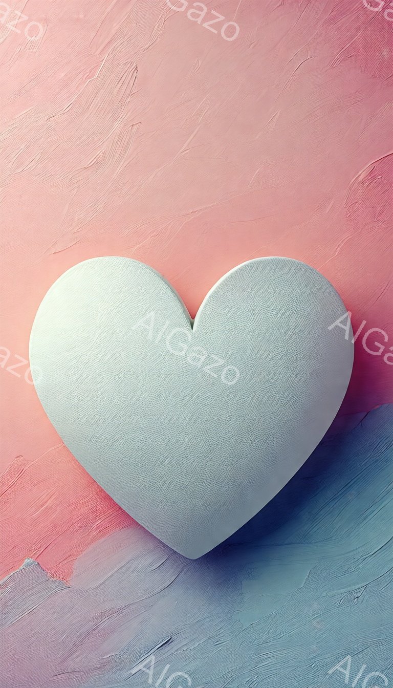 淡い水色のハート型のオブジェが、ピンクと水色のペイントが施された背景に配置されている。背景は筆致がはっきりとしたテクスチャで、暖かく柔らかい印象を与える。全体的に、優しい色合いとシンプルな構成が特徴的な、抽象的なイメージである。