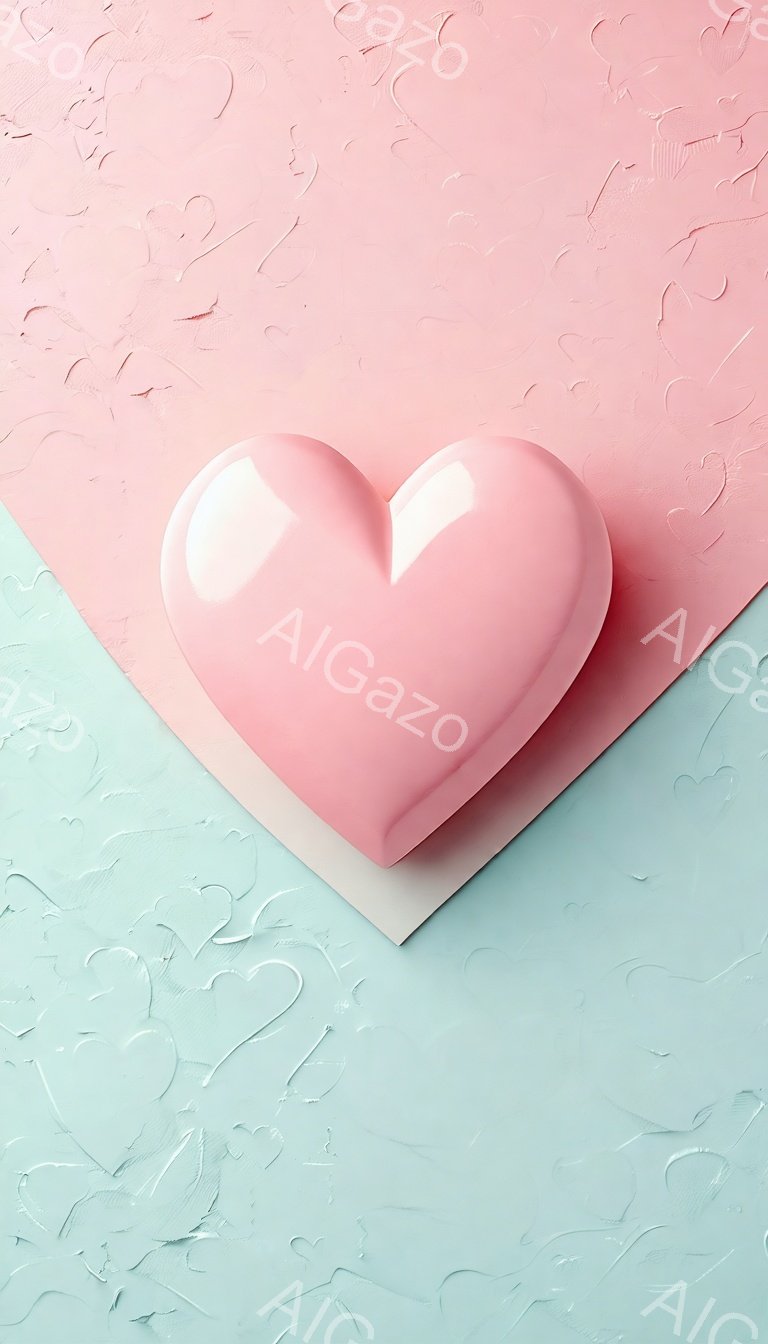 ピンク色の背景に、光沢のあるピンク色のハート型のオブジェが置かれています。背景は、明るいピンクと水色の二色で、少しテクスチャのある壁のような模様になっています。全体的に柔らかく、甘い雰囲気で、バレンタインデーやロマンチックなイメージを連想させます。