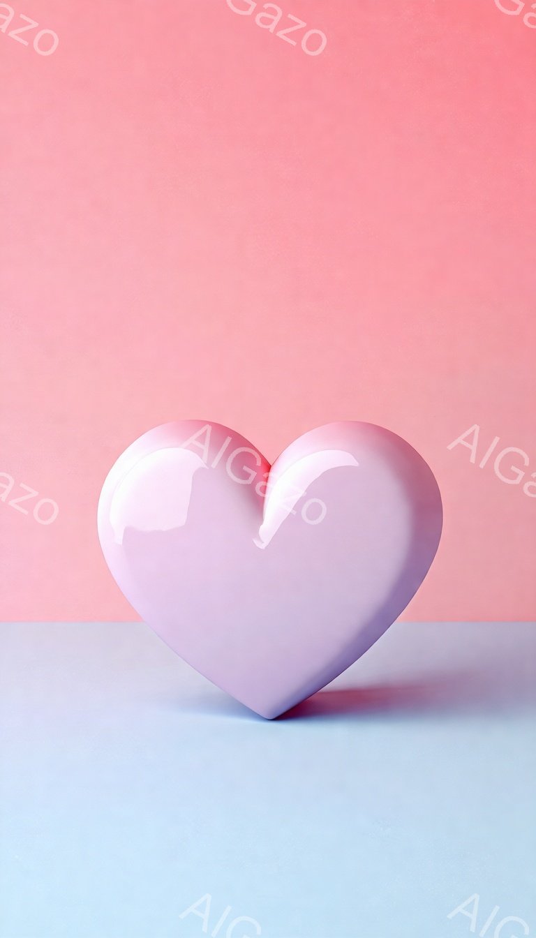 淡いピンク色のハート型のオブジェが、水色とピンク色のグラデーションの背景の上に置かれています。光沢のある表面が光を反射し、なめらかで立体的な質感が際立っています。背景はシンプルで、オブジェが際立つように意図されたミニマルな構成です。
