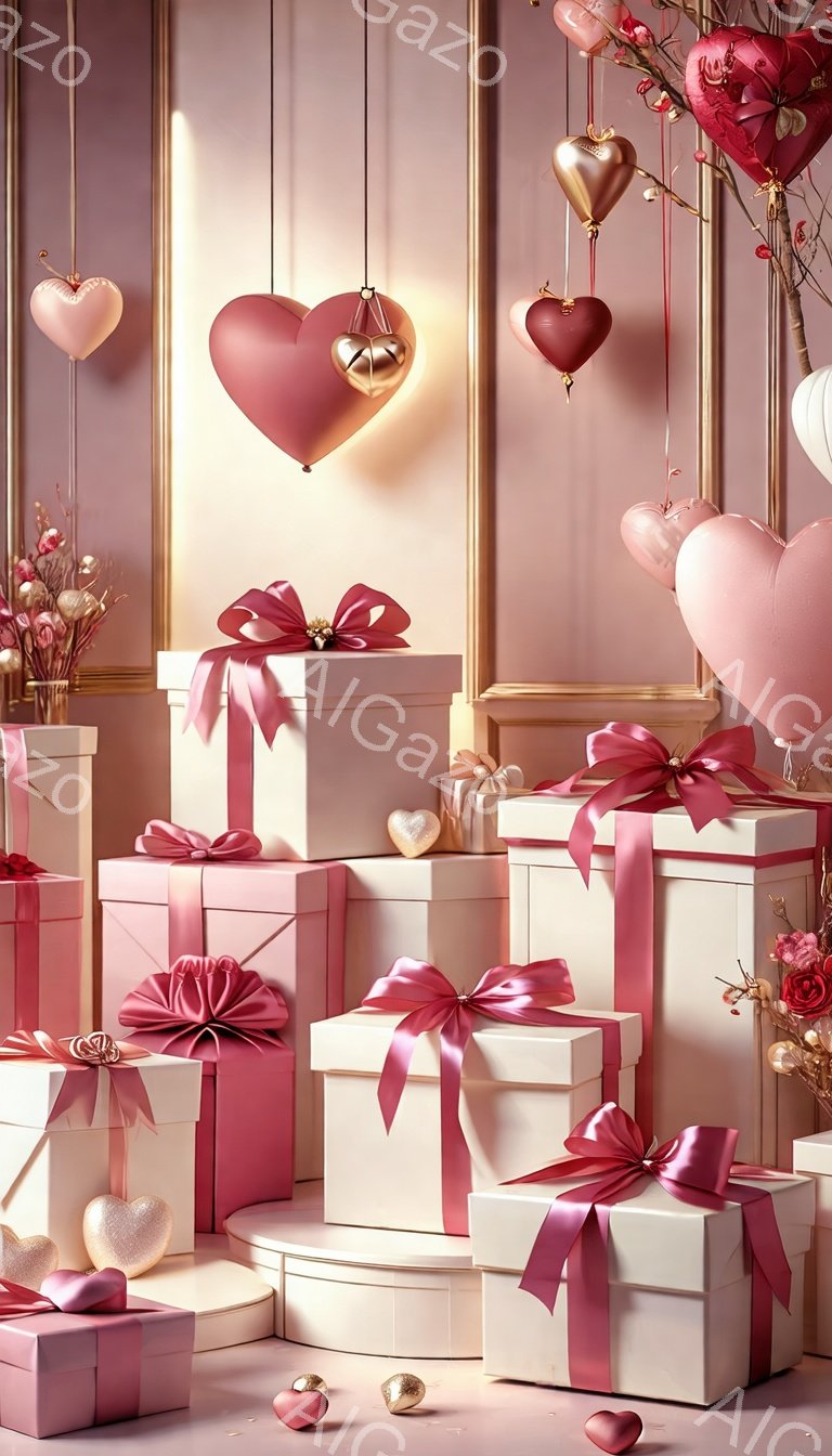 ピンクを基調とした背景に、様々なサイズの白いギフトボックスが積み重ねられ、鮮やかなピンクのリボンで飾られています。天井からは金とピンクのハート型のオーナメントが吊り下げられ、左側には赤い実のついた枝が配置されています。全体的にロマンチックで華やかな雰囲気で、バレンタインや特別な機会を連想させます。