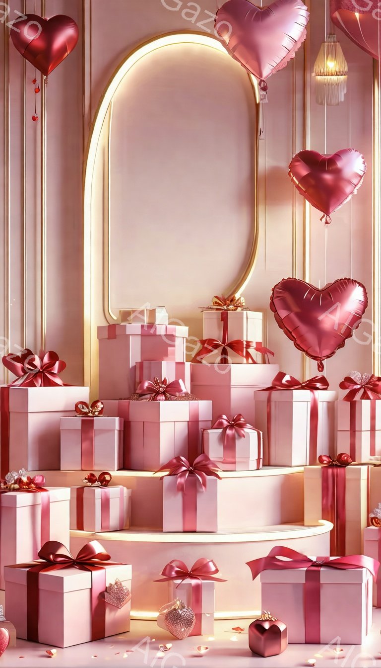 鮮やかなピンク色の背景に、様々な大きさのプレゼントボックスが積み重ねられた様子が描かれています。ボックスには赤いリボンが結ばれており、所々にハート型のバルーンや装飾が散りばめられています。全体的にロマンチックで華やかな雰囲気で、バレンタインデーや記念日を連想させます。