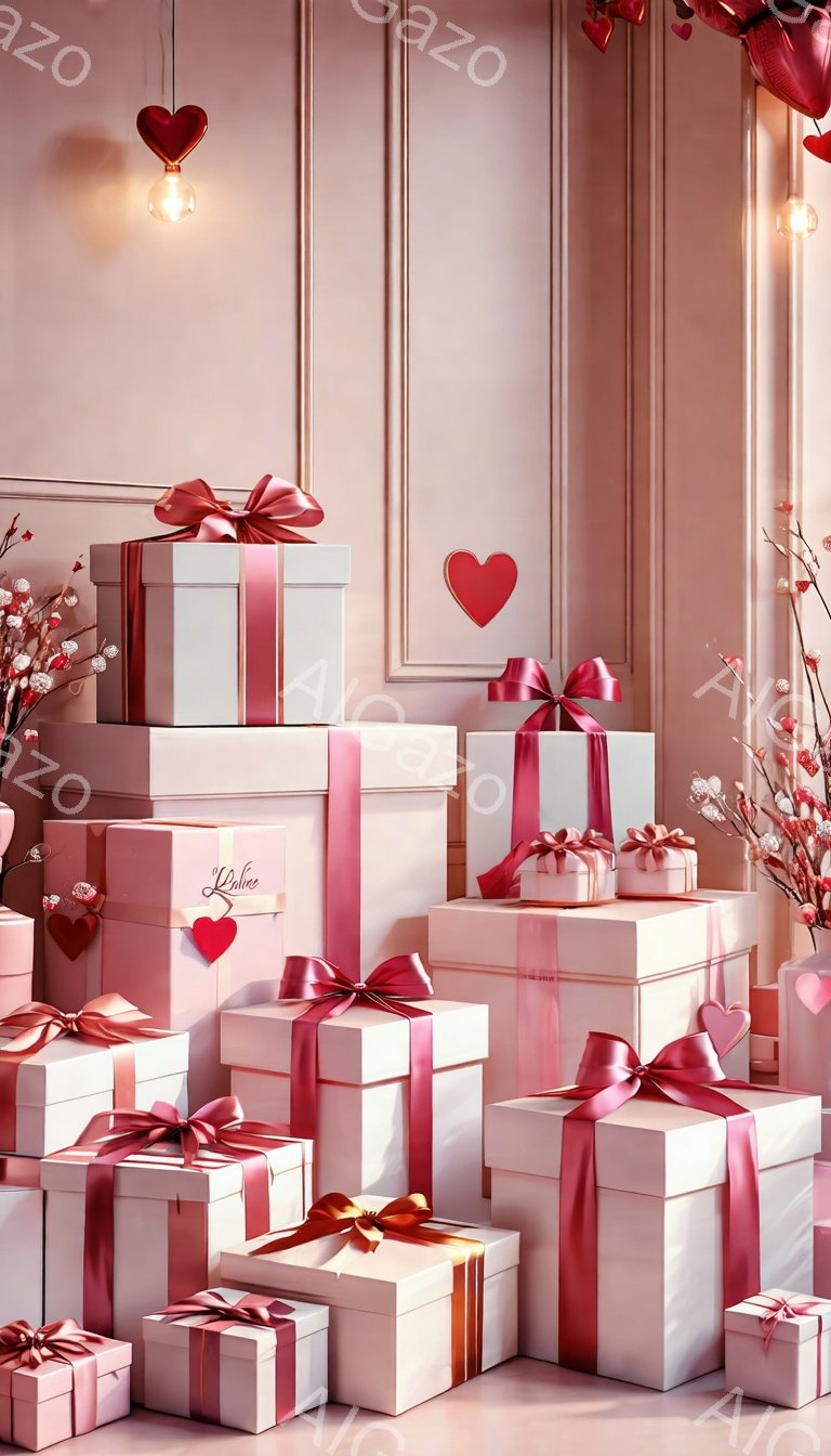 ピンク色の背景に、リボンで飾られたギフトボックスが積み重なって配置されています。ボックスの上にはハート型のオーナメントが飾られており、背景の壁には花模様が描かれています。全体的にロマンチックで、バレンタインデーやプレゼントシーズンを連想させる雰囲気です。