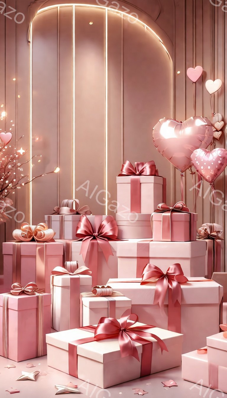 柔らかいピンク色を基調とした、プレゼントボックスが積み上げられた幻想的な光景です。アーチ型の背景には温かい光が灯り、ピンク色のハート型風船が浮かび、星のようなキラキラしたものが散りばめられています。全体的にロマンチックで優しい雰囲気が漂い、バレンタインデーや特別な日のギフトシーンを連想させます。