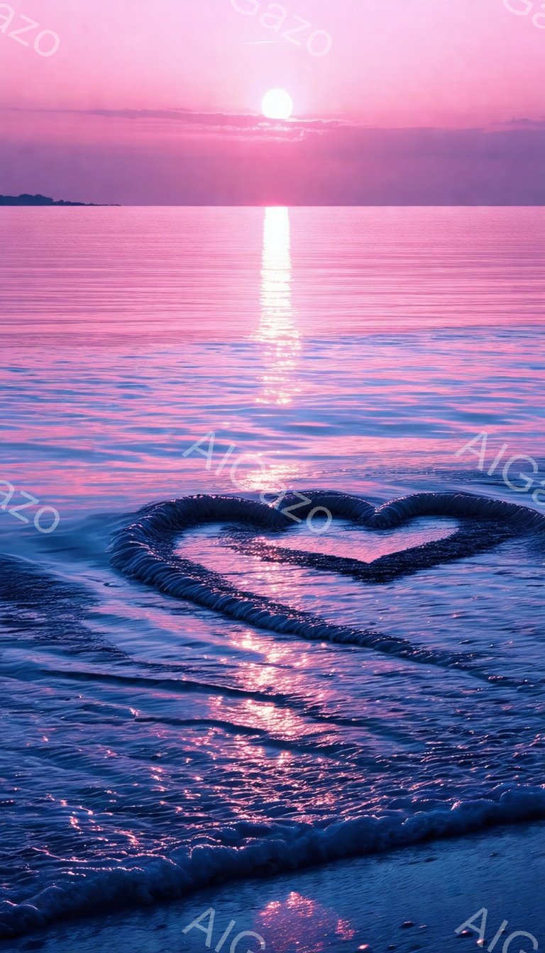 穏やかな夕暮れ時に、砂浜にハート形の波紋が描かれている。太陽は水平線上にあり、水面をオレンジ色とピンク色に染め上げ、光の筋がハート形へと向かっている。背景には穏やかな海が広がり、静寂とロマンチックな雰囲気が漂っている。