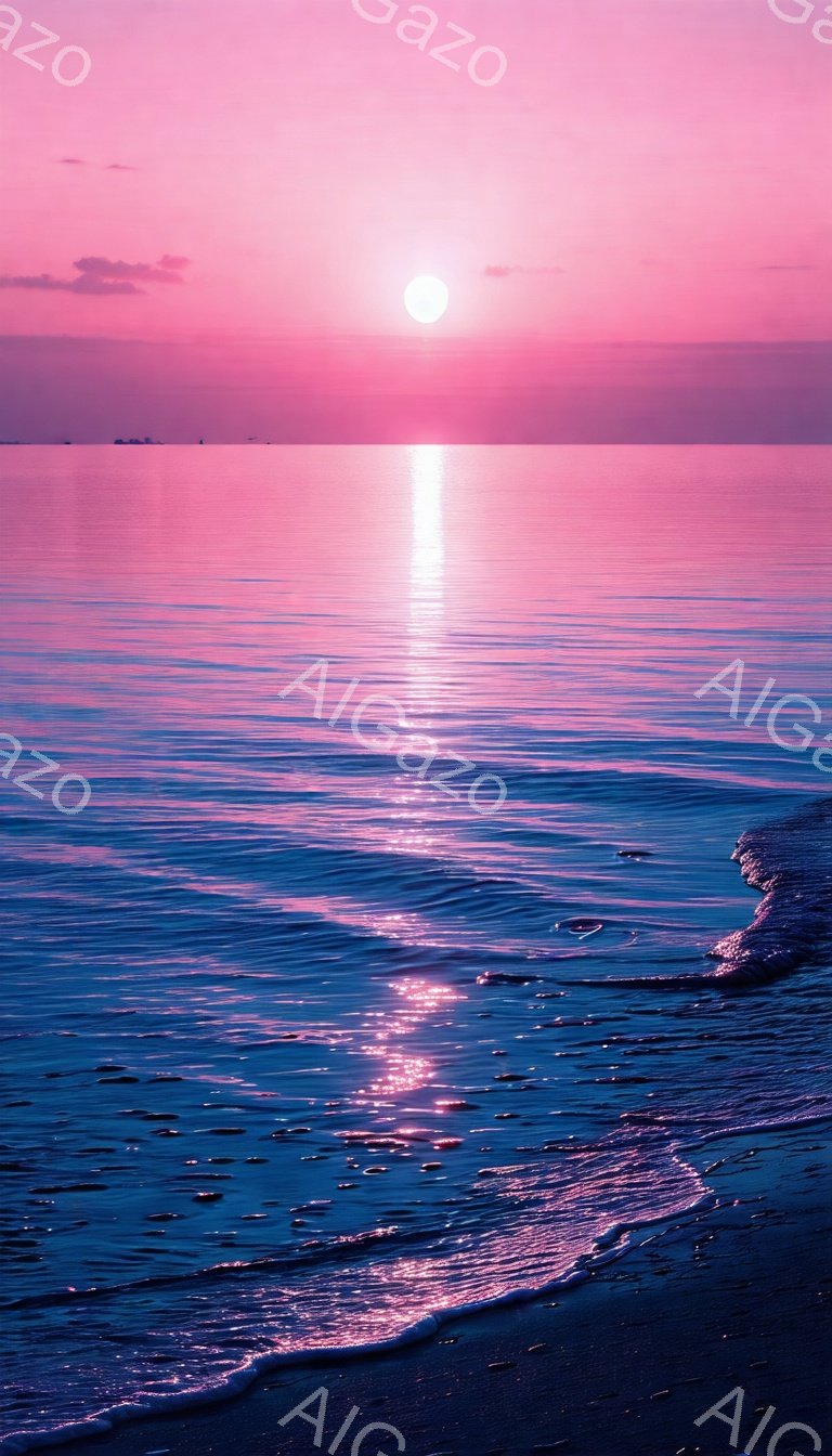 鮮やかなピンクと紫色のグラデーションが広がる水平線に太陽が沈み、海面には太陽の光が反射してキラキラと輝く道が伸びています。波は穏やかで、黒い砂浜に優しく打ち寄せ、夕暮れ時の静寂と美しさを表現しています。空には薄い雲が浮かび、全体的に幻想的で穏やかな雰囲気が漂っています。