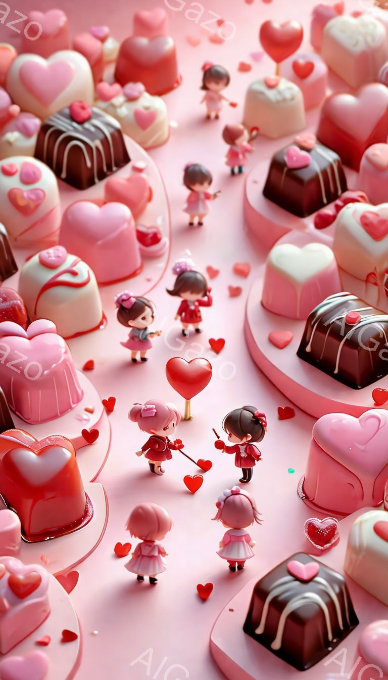 ピンク色の背景に、様々なチョコレートのオブジェが散りばめられた中に、小さな女の子たちがいる。彼女たちはピンクや赤色のワンピースを着ており、髪はリボンやポニーテールで結ばれている。いくつかの女の子はハート型のものを手に持っていたり、互いに向かい合って微笑んでいるように見える。