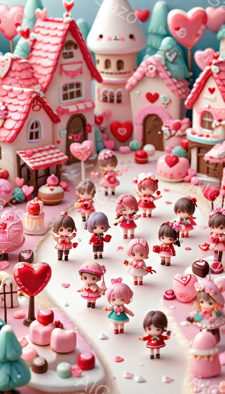 ピンク色の可愛らしい世界が広がり、小さな人形たちがバレンタインを祝っている様子が描かれています。人形たちは赤いワンピースやピンクの髪飾りをつけ、笑顔でポーズをとっており、背景にはハートやチョコレート型の建物が立ち並んでいます。全体的に甘くてロマンチックな雰囲気で、バレンタインデーの楽しさを表現しています。