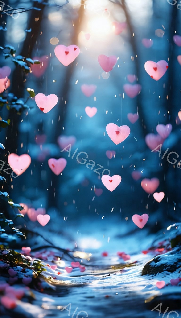 凍てつくような森の中に、小さなピンク色のハートが舞い降りる幻想的な光景が描かれています。雪に覆われた地面を浅い小川が流れ、木々の間から差し込む光がハートを照らし、ロマンチックで夢のような雰囲気を醸し出しています。全体的に寒く静謐な背景と、ふんわりとしたハートのコントラストが、温かく優しい印象を与えます。