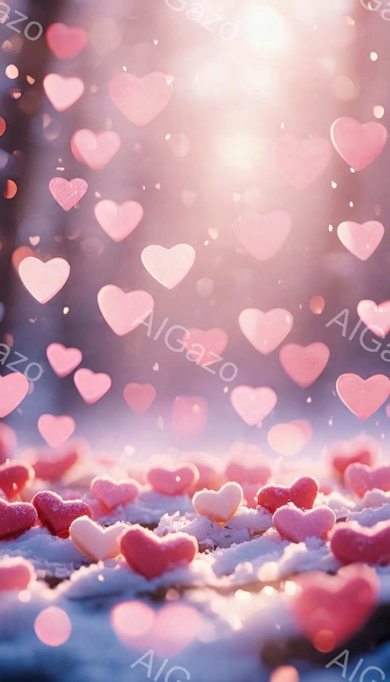 画像は、ピンク色のハートが雪のように降り積もる様子を捉えたものです。地面はハートで覆われ、背景はぼやけて光が差し込む冬の風景のようです。全体的にロマンチックで幻想的な雰囲気を醸し出しています。