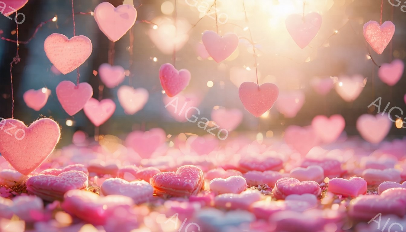 鮮やかなピンク色のハート形が敷き詰められた、夢のような光景が広がっています。空中には、さらにピンク色のハートが糸で吊るされ、キラキラと光る光が差し込み、ロマンチックで温かい雰囲気を醸し出しています。ハート形のお菓子が地面に広がり、甘く優しい印象を与えます。