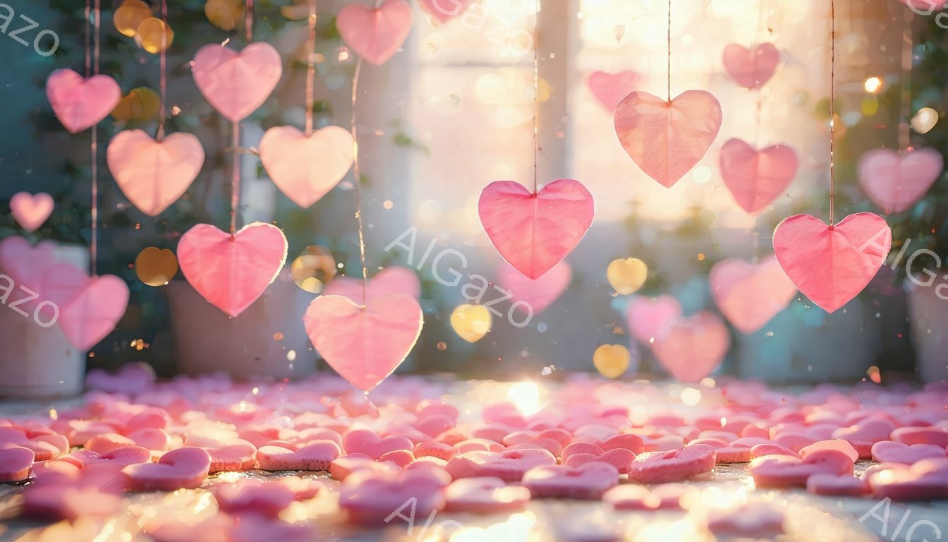 ピンク色のハートが大量に敷き詰められた床と、天井から吊り下げられたハートの装飾が印象的な画像です。光が差し込み、暖かくロマンチックな雰囲気が漂っています。全体的に柔らかく、夢のような、そして愛に満ちた空間が表現されています。