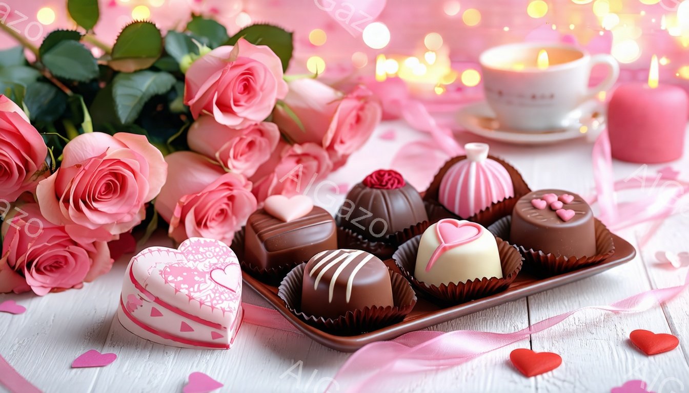 白い木製のテーブルの上に、ピンクと茶色のチョコレートが並べられた茶色いトレーが置かれています。ピンクのバラの花束とハート型の箱が隣り合わせにあり、小さなハート形の紙吹雪が散らばっています。背景にはぼやけたキャンドルと光のストリングがあり、ロマンチックで甘い雰囲気を醸し出しています。