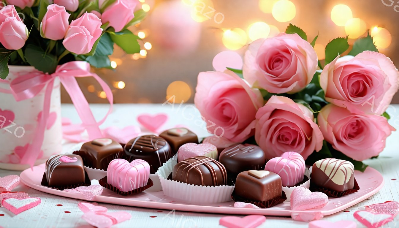 ピンク色のバラが花瓶に活けられ、背景にはぼんやりとした光が灯っています。ピンク色のチョコレートやトランクが飾られたお皿がバラの近くに置かれ、愛らしい雰囲気を醸し出しています。全体的に、バレンタインデーや特別な機会のための甘くてロマンチックなシーンです。