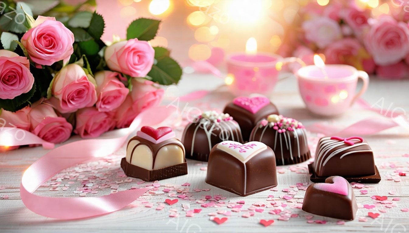 優しいピンク色のバラの花束、チョコレート、そしてハート型の紙吹雪が配置された、ロマンチックな雰囲気の静物画です。チョコレートはそれぞれ異なる飾り付けがされており、ピンクのリボンや小さなキャンドルが愛らしさを引き立てています。背景はぼんやりとしており、暖かく穏やかなムードを醸し出しています。