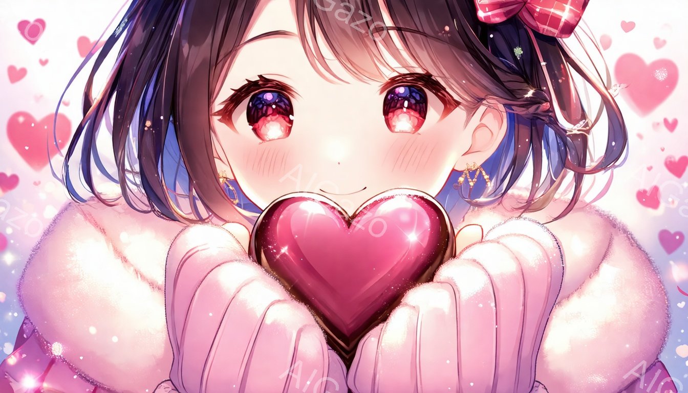 長い黒髪にピンクのリボンをつけており、暖かそうな白い毛皮のコートを着ています。彼女は頬を赤らめ、輝く目と優しい笑顔で、両手で大きな赤いハート型の宝石を抱きしめています。背景はピンク色のハートの模様で埋め尽くされ、温かくロマンチックな雰囲気を醸し出しています。