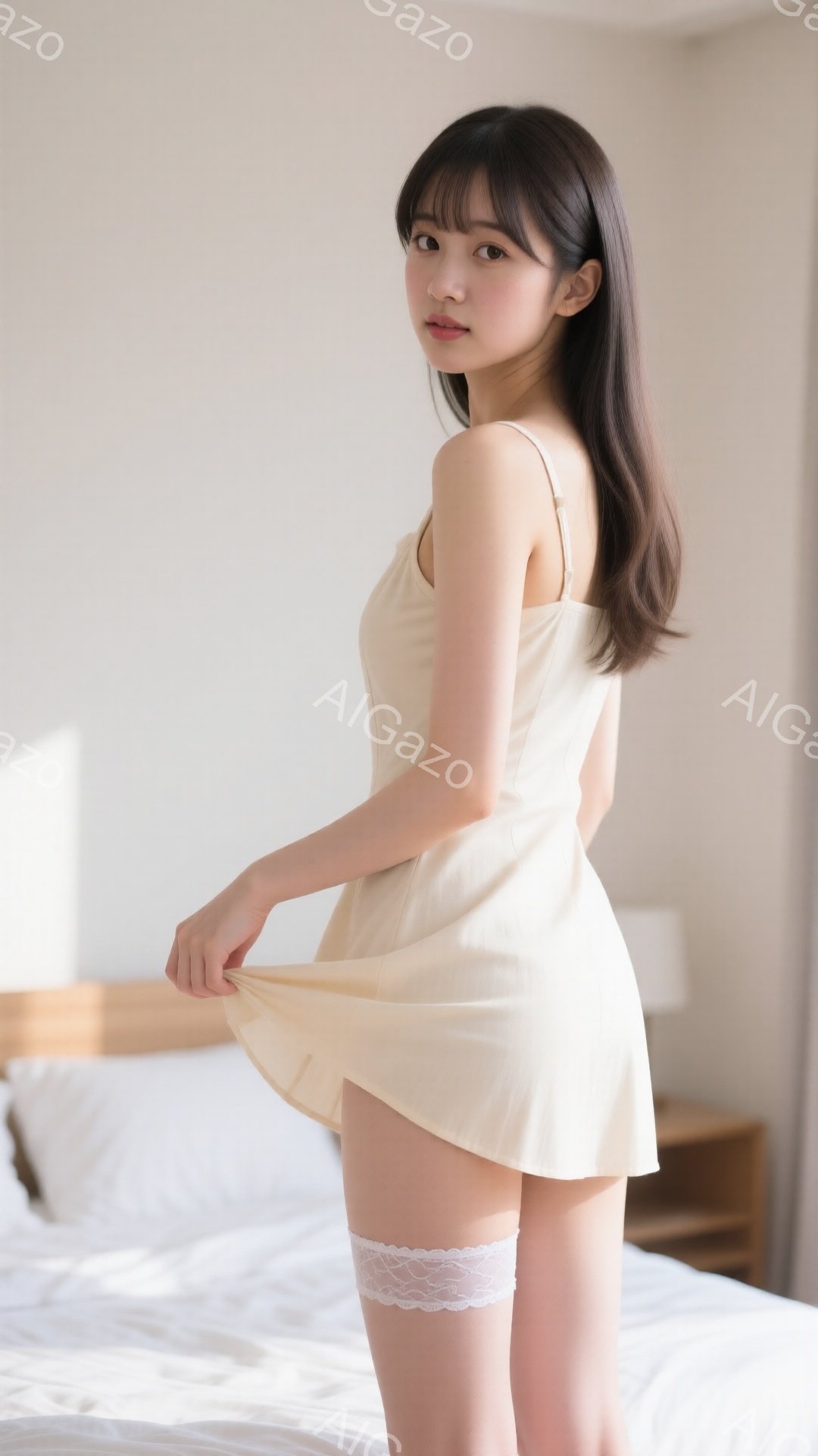 長い黒髪の女性が、クリーム色のキャミソールとミニスカートを身に着けている。彼女はスカートの裾を持ち上げ、少し微笑んでいる。背景はベッドとサイドテーブルのある明るい寝室で、全体的に柔らかく、穏やかな雰囲気が漂っている。