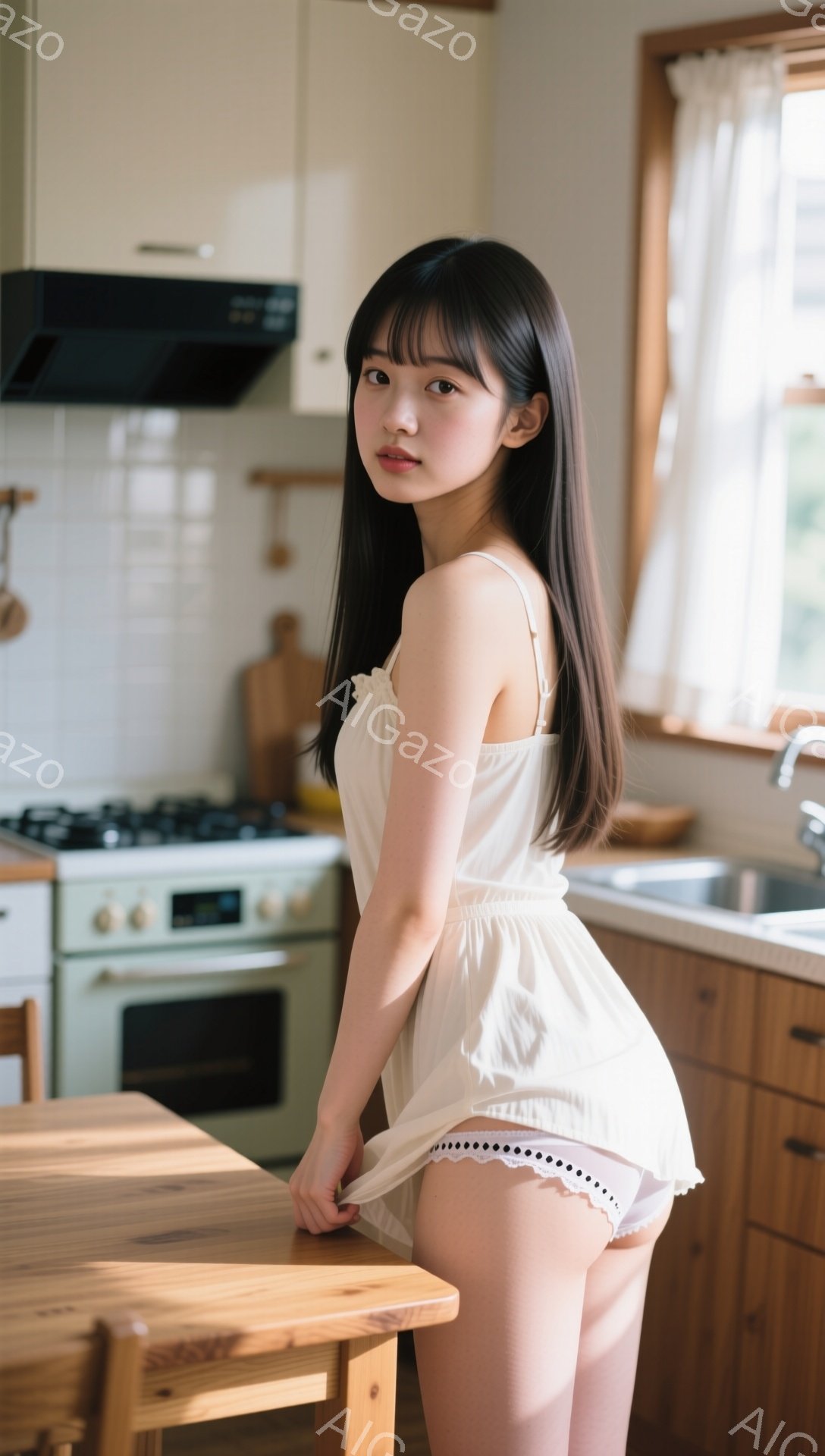 長い黒髪に前髪を下ろした若い女性が、白いキャミソールとフリル付きの白いショートパンツ姿でキッチンに立っている。彼女は少し微笑み、片手をテーブルに添え、わずかに体を傾けている。背景には明るいキッチン、窓からは緑が見え、全体的に柔らかく暖かな雰囲気が漂っている。