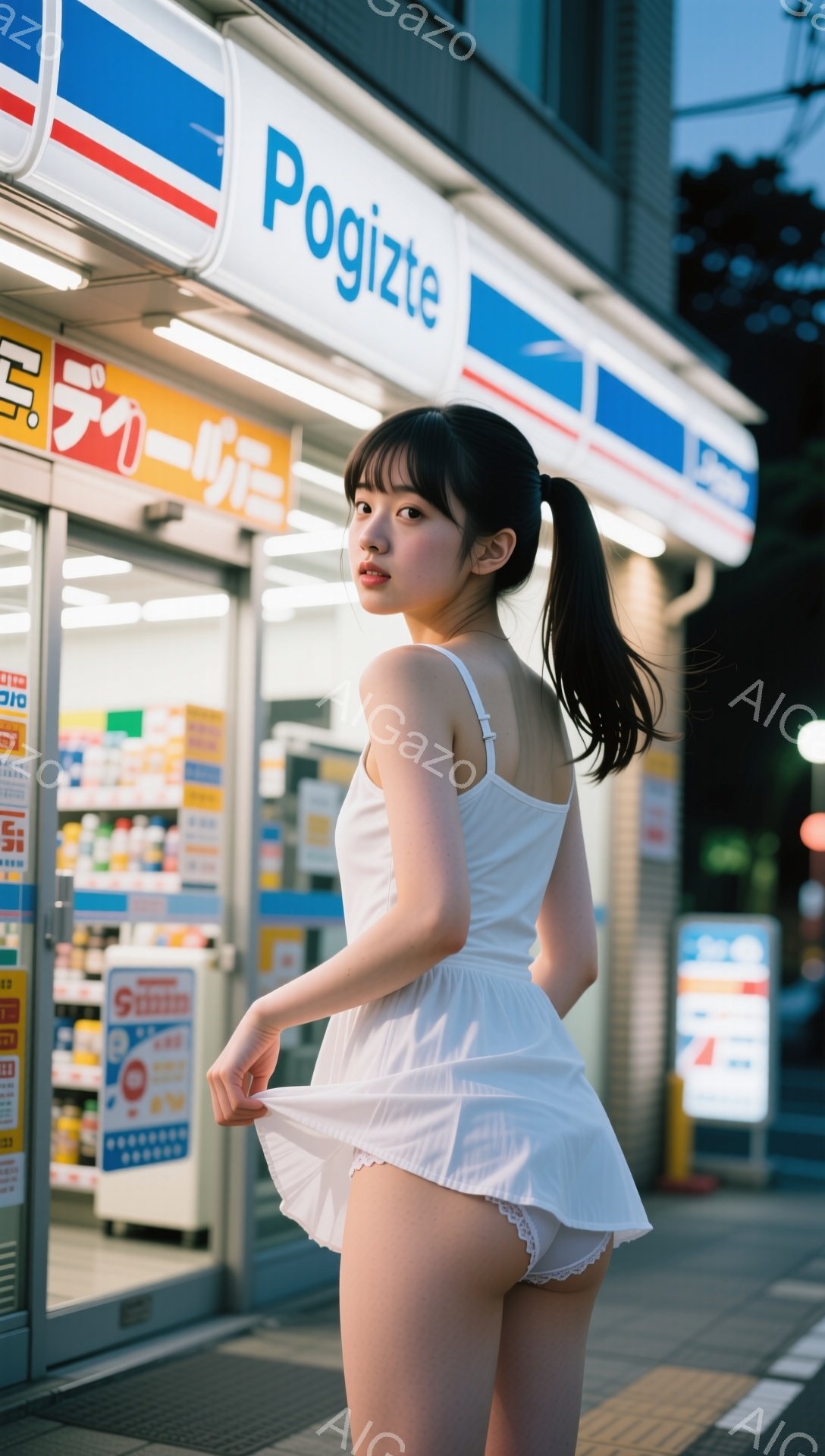黒髪をポニーテールにした若い女性が、白いキャミソールワンピースを着て、少し風でスカートがめくれている状態で立っています。彼女はカメラに向かって少し振り返り、微笑んでいます。背景にはコンビニエンスストア - AI生成フリー素材