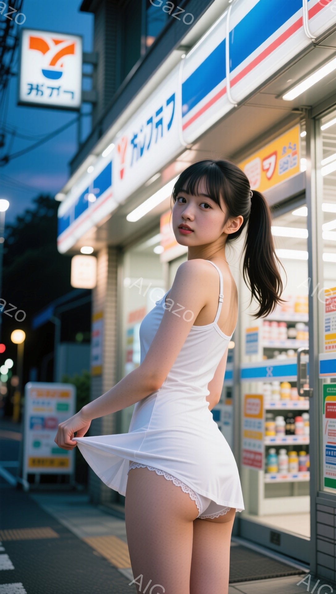 長い黒髪をポニーテールにした女性が、白いキャミソールとミニスカートを身につけて立っている。彼女はスカートの裾を持ち上げており、少し振り返ってカメラを見ている。背景にはコンビニエンスストアがあり、夜の街 - AI生成フリー素材