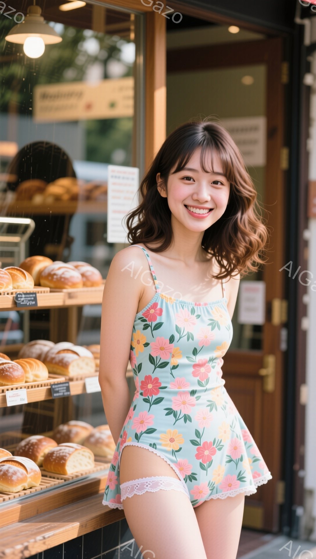 明るい日差しの中、花柄のワンピースを着た若い女性が微笑んでいる。彼女は肩まで届く茶色の髪を持ち、少し横に流した前髪が可愛らしい印象を与える。背景にはパン屋のショーケースが見え、様々なパンが並んでいる。