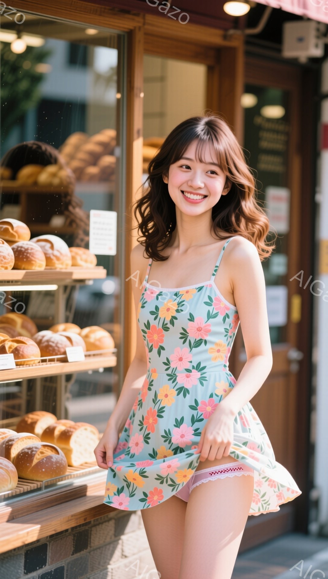 明るい笑顔の若い女性が、花柄のミニワンピースと白い靴下を身につけて立っている。彼女は少し体を傾け、ワンピースの裾を軽く持ち上げている様子で、背景にはパン屋のショーケースが並び、暖かく親しみやすい雰囲気を醸し出している。屋外で、晴れた日差しが差し込み、活気のある街並みが感じられる。