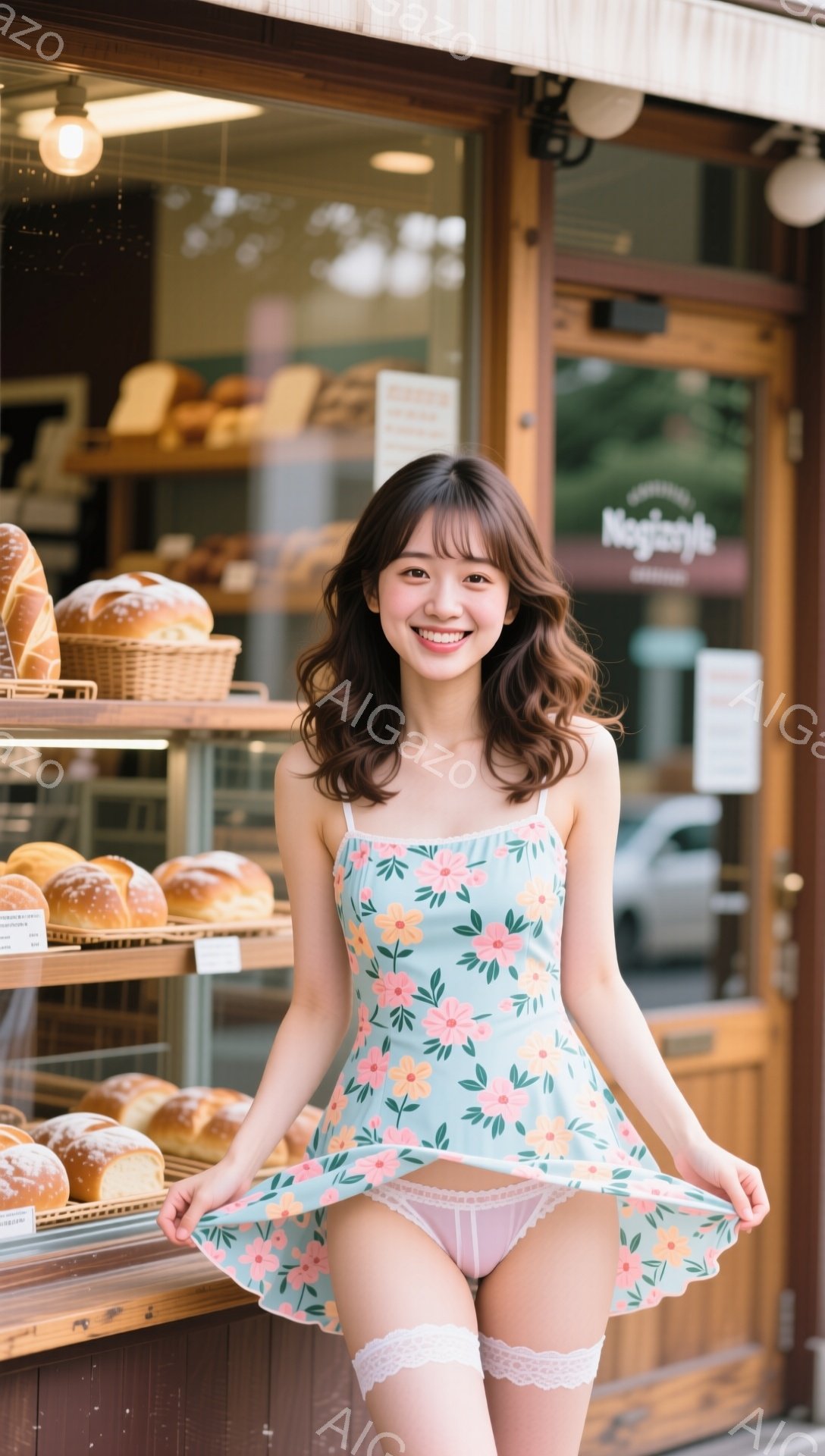 若い女性が、薄緑色に花柄のキャミソールワンピースと、白のレースのニーハイソックスを身に着けて微笑んでいる。彼女はワンピースの裾を軽く広げ、明るい表情でカメラを見つめている。背景には、パンが並んだショーケースと、木製のドアと窓を持つパン屋が見える。