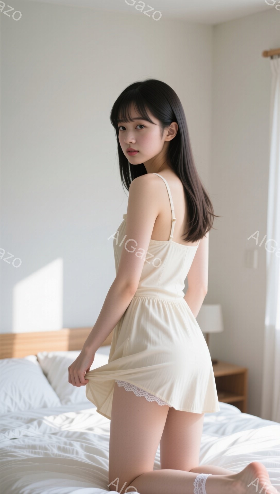 長い黒髪を肩にかける若い女性が、クリーム色のキャミソールワンピースを着てベッドの上に跪いています。彼女はワンピースの裾を少し持ち上げ、少し微笑んでいるように見えます。背景には白を基調とした部屋と小さなナイトスタンドが見え、全体的に柔らかく穏やかな雰囲気が漂っています。