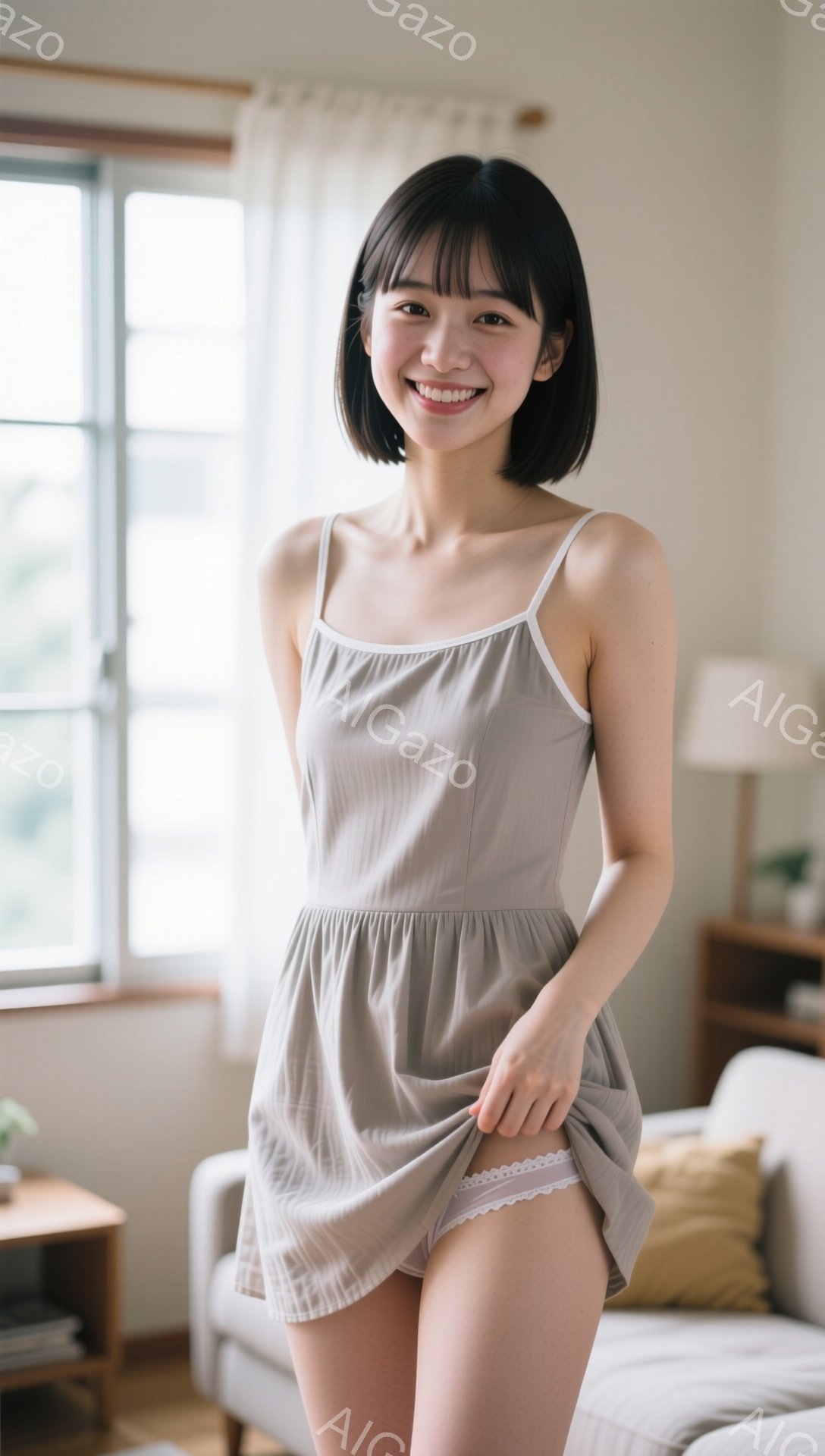 ショートヘアの女性が、クリーム色のキャミソールワンピースを着て微笑んでいます。彼女はワンピースの裾を軽く持ち上げ、リラックスした姿勢で立っています。背景には、白を基調としたリビングルーム、ソファ、そして窓から差し込む柔らかな光が見えます。