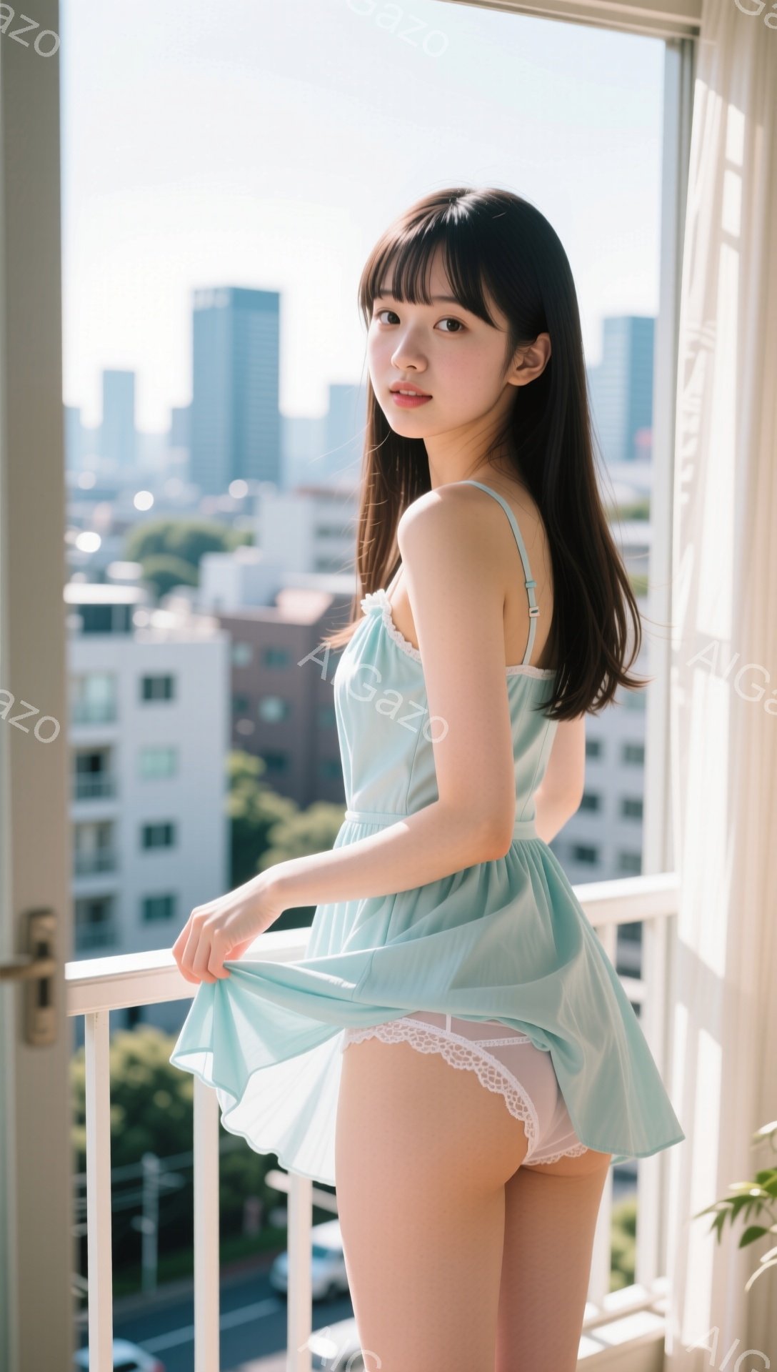 長い黒髪に前髪を下ろした若い女性が、水色のミニワンピースを着てバルコニーに立っている。ワンピースは風で少しめくれ、白いレースのアンダーウェアが覗いている。背景には高層ビル群が広がり、晴天の空が広がっている。