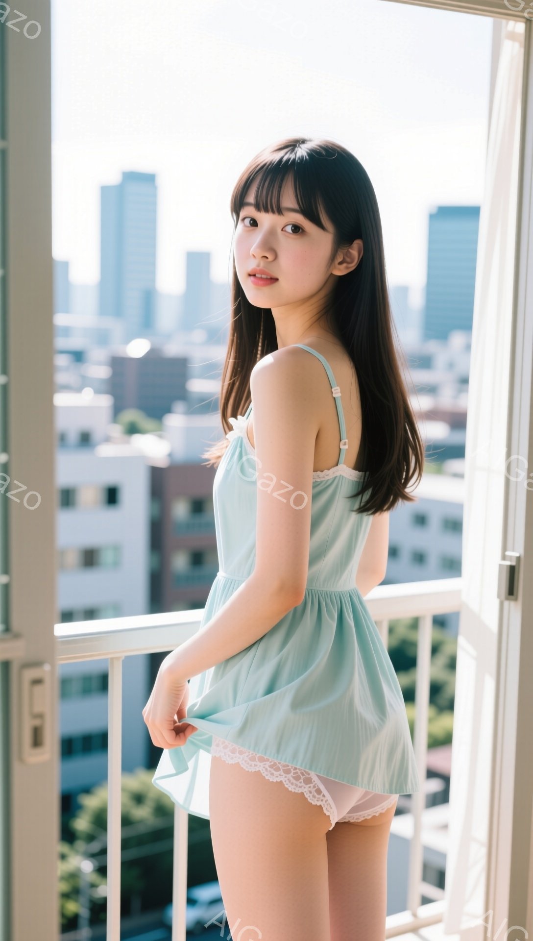 長い黒髪をセンターパートにした女性が、ターコイズブルーのキャミソールワンピースを着てバルコニーに立っている。彼女は軽くワンピースの裾を持ち上げ、少し微笑んでいる。背景には高層ビル群が広がり、晴れた空と - AI生成フリー素材