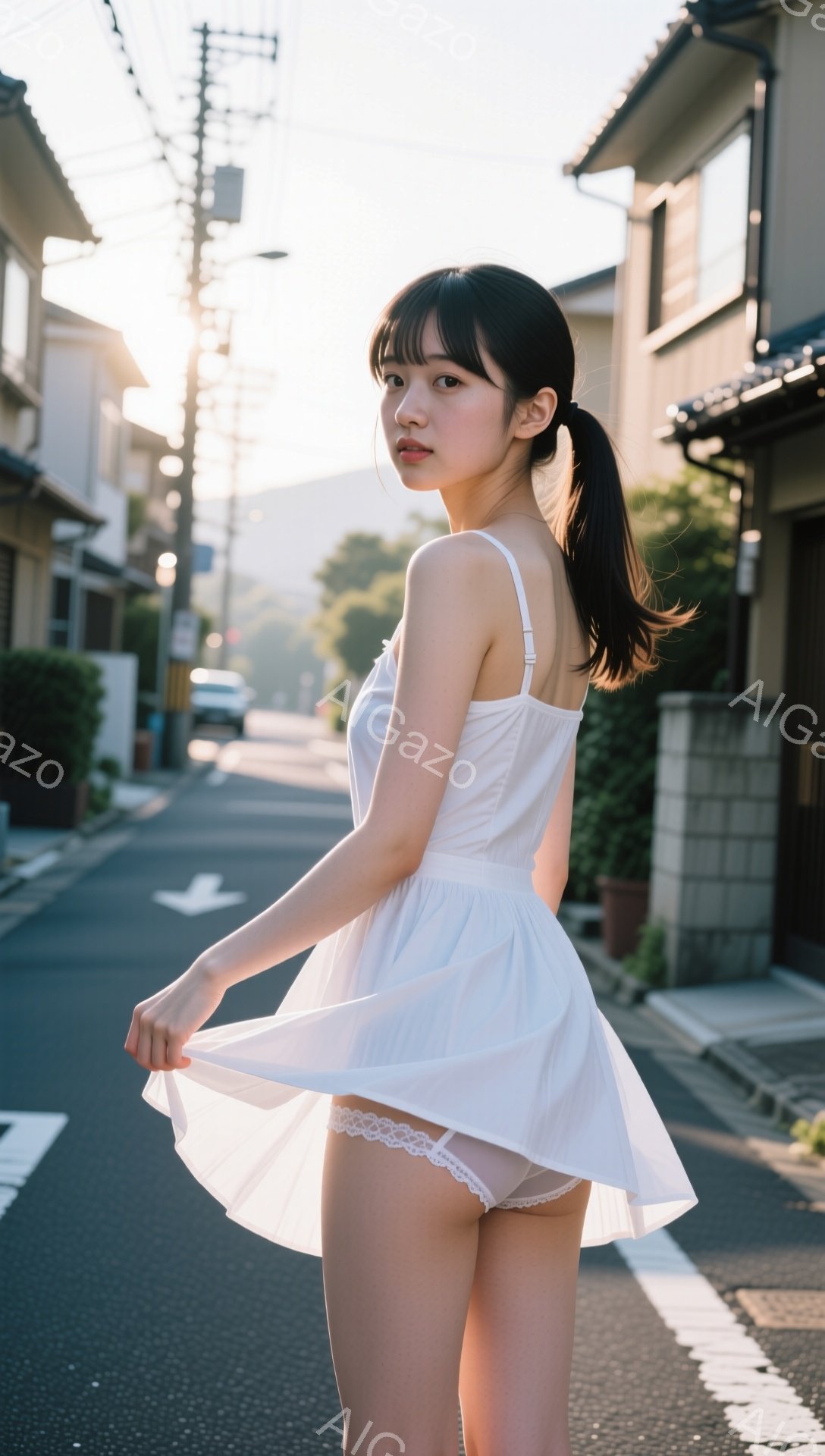 黒髪の長い女性が、白いキャミソールワンピースを着て、片手でスカートを少し持ち上げています。彼女はカメラに向かって微笑み、表情は明るく、少し恥ずかしそうです。背景には住宅街が広がり、道路と緑の植物が見え、晴れた日の穏やかな光が全体を照らしています。