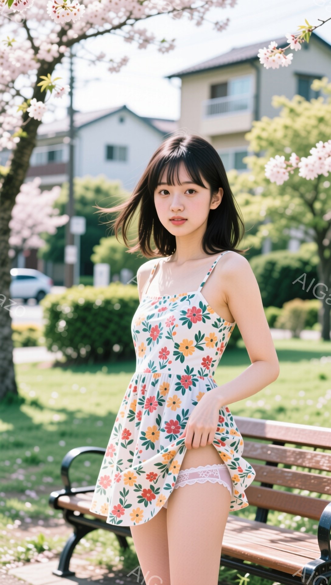 黒髪で前髪が目の上にかかる女性が、花柄のキャミソールワンピースを着ています。彼女はベンチの端に片足を乗せて、スカートを少し持ち上げています。背景には緑豊かな公園と住宅、そして桜の木が見え、晴れた日の穏やかな春の雰囲気です。