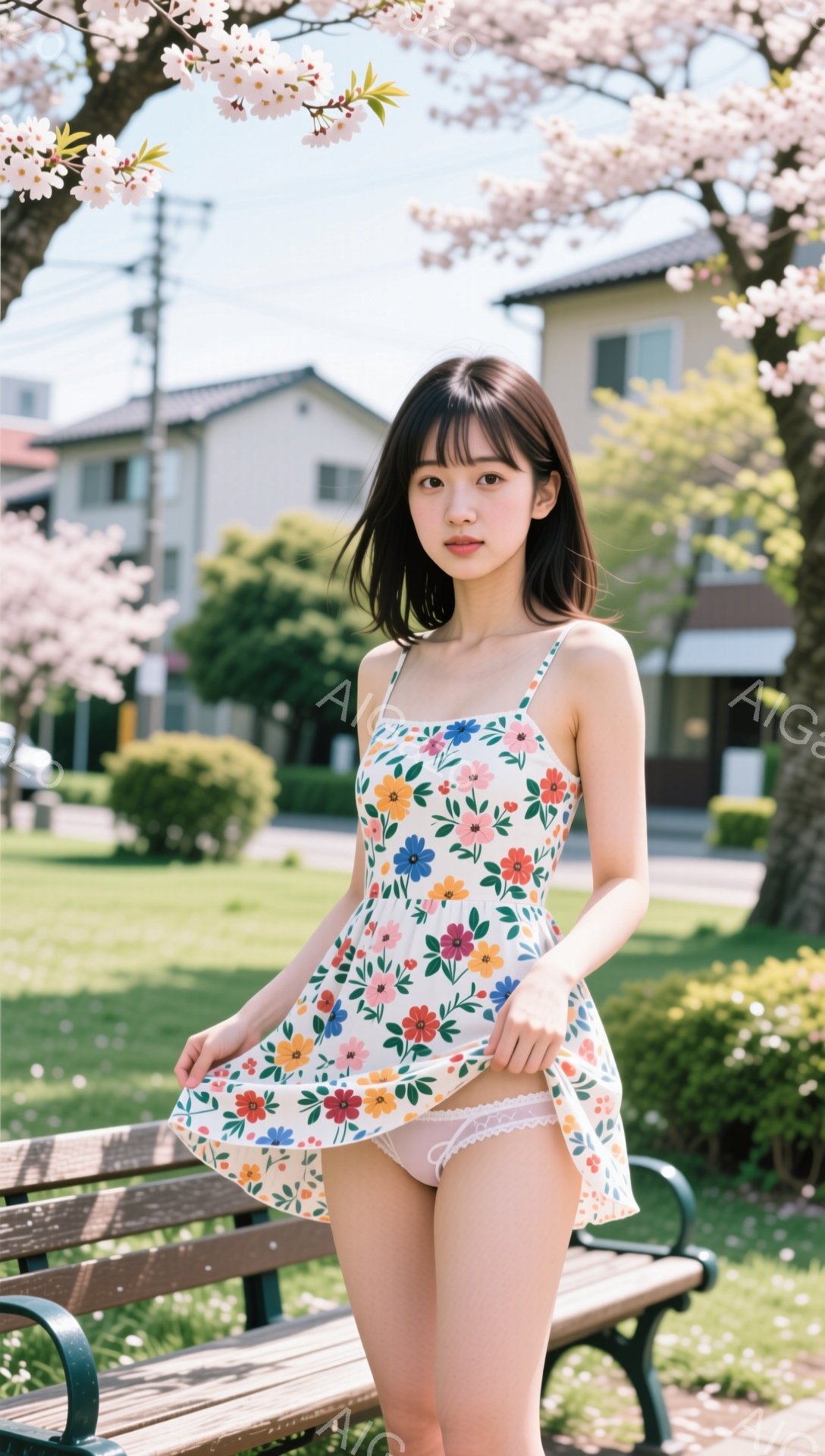 明るい日差しの中、花柄のキャミソールワンピースを着た若い女性が写っている。彼女は少しワンピースを巻き上げ、白いレースのアンダーウェアが見える。背景には緑豊かな木々と住宅、そして桜の花が咲き誇る木々があり、春の穏やかな雰囲気を醸し出している。