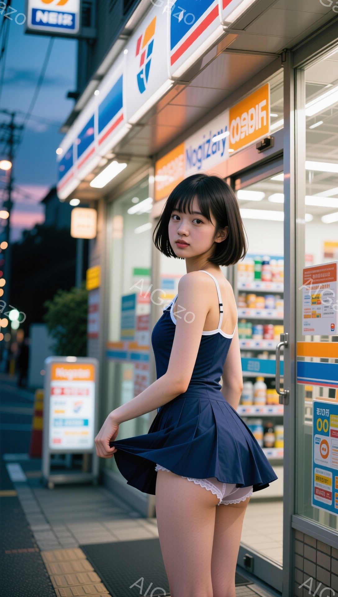 若い女性が紺色のミニドレスを着て、片手でドレスの裾を持ち上げている。彼女は黒髪のショートヘアで、少し微笑みながらカメラを見つめている。背景にはコンビニエンスストアがあり、夜の街並みがぼんやりと見える。