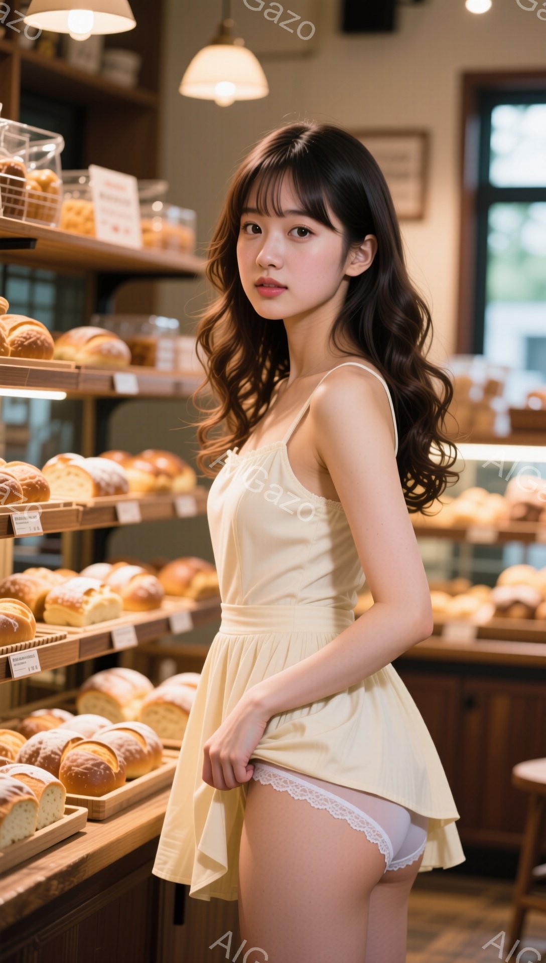 明るい黄色のキャミソールワンピースを着た若い女性が写っています。彼女は長い茶髪で、前髪は眉毛にかかるようにカットされています。彼女はわずかに微笑んでおり、左手を腰に当てて立っています。