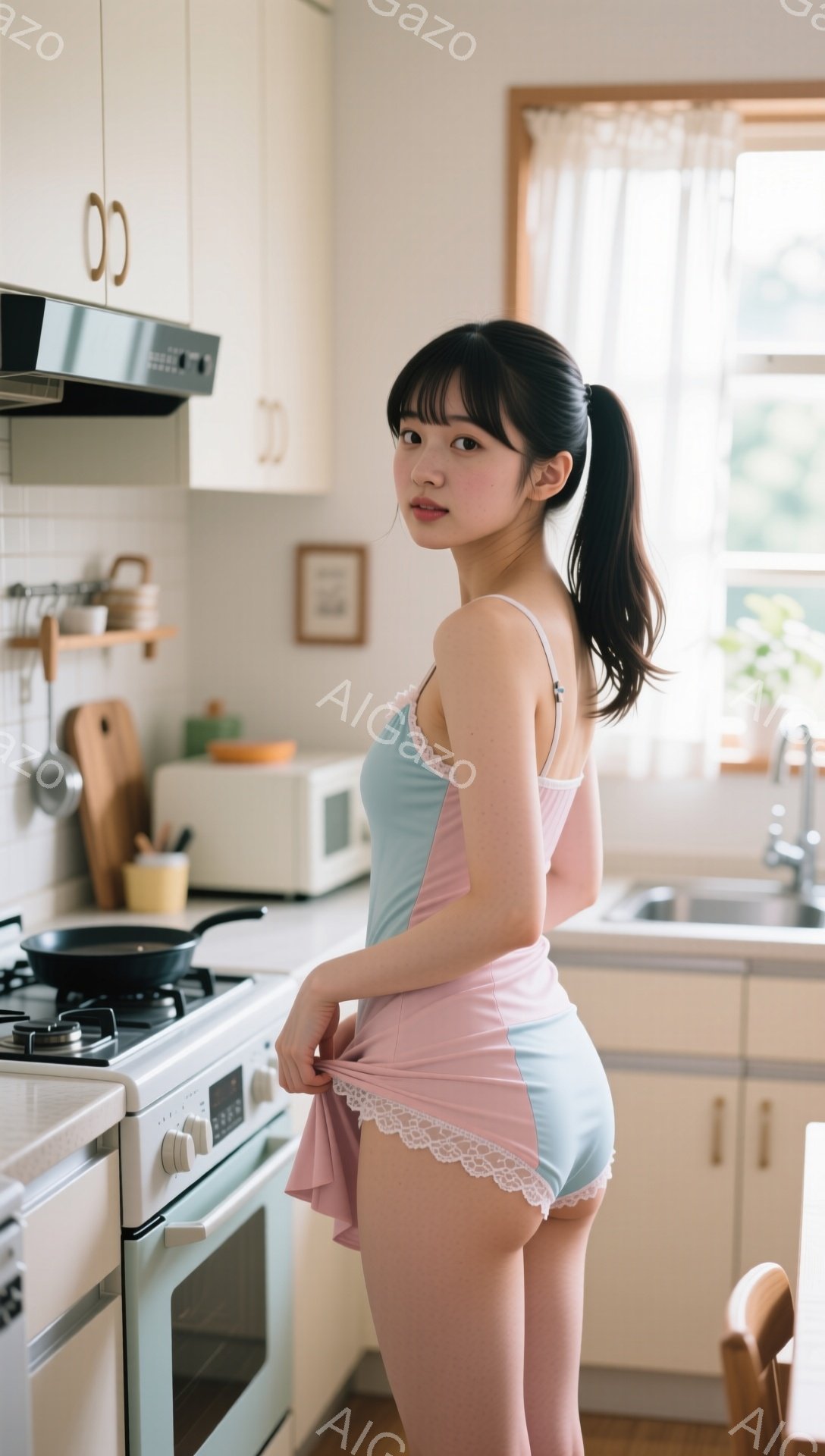 明るいキッチンで、ピンクと水色のパジャマ姿の若い女性が写っています。彼女は後ろを向き、片手を腰に当てて微笑んでいます。背景には白いキャビネット、調理器具、窓から差し込む自然光が見え、温かくリラックスした雰囲気を醸し出しています。