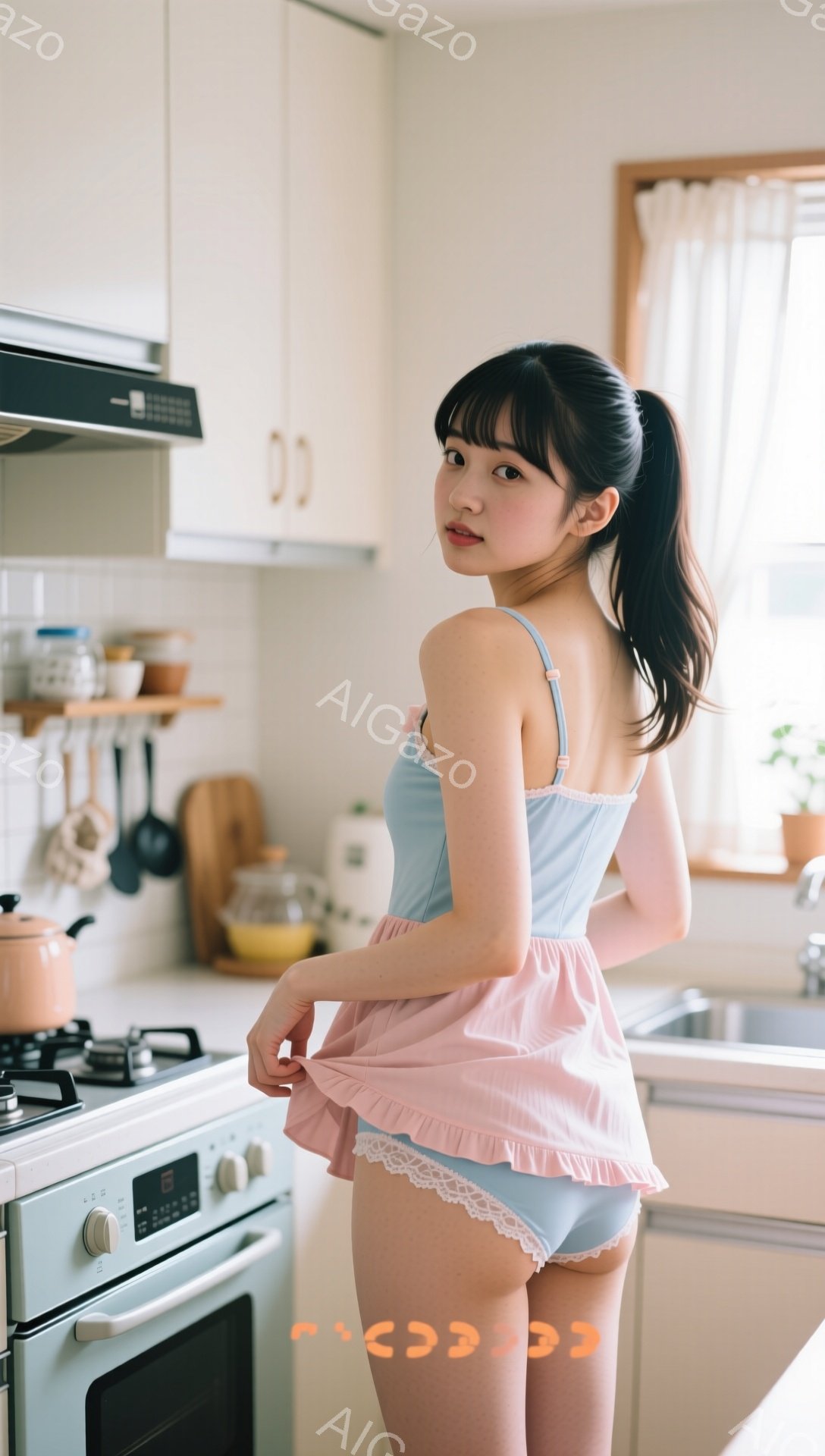 明るいキッチンを背景に、若い女性が可愛らしいパステルブルーのキャミソールとピンクのフリルスカートを身につけています。彼女は髪をポニーテールにし、振り返りながら微笑んでおり、リラックスした雰囲気です。キッチンには調理器具や食器が飾られており、窓からは自然光が差し込み、温かく家庭的な雰囲気を作り出しています。