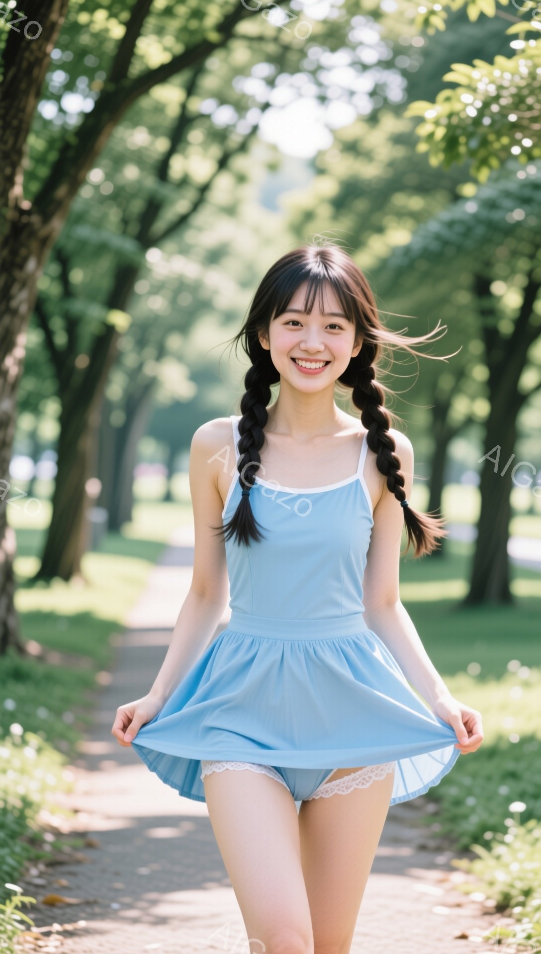 若い女性が青いワンピースを着て、両手を広げながら道を歩いています。彼女は黒髪でツインテールにし、笑顔でカメラに向かって見つめています。背景には緑豊かな木々と遊歩道が広がり、晴れた日の穏やかな雰囲気が漂っています。