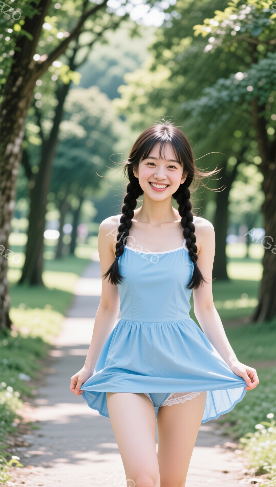 青いワンピースを着た若い女性が、緑豊かな公園の道を歩いています。彼女は髪を二つに分け、笑顔で少しワンピースの裾を持ち上げています。背景には木々が生い茂り、晴れた日の穏やかな雰囲気が漂っています。