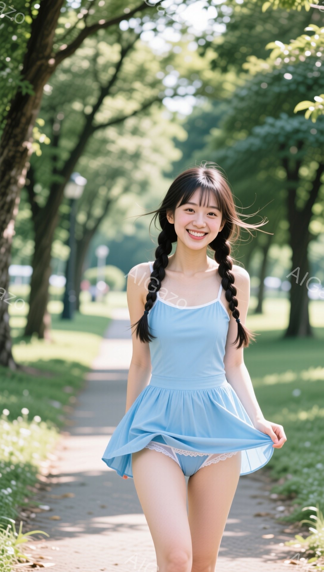 若い女性が、水色のキャミソールワンピースを着て、両手を広げながら歩いている。彼女は髪を二つに分けて三つ編みにし、満面の笑顔を浮かべている。背景には緑豊かな木々が生い茂る遊歩道が広がり、晴れた日の穏やかな雰囲気が漂っている。