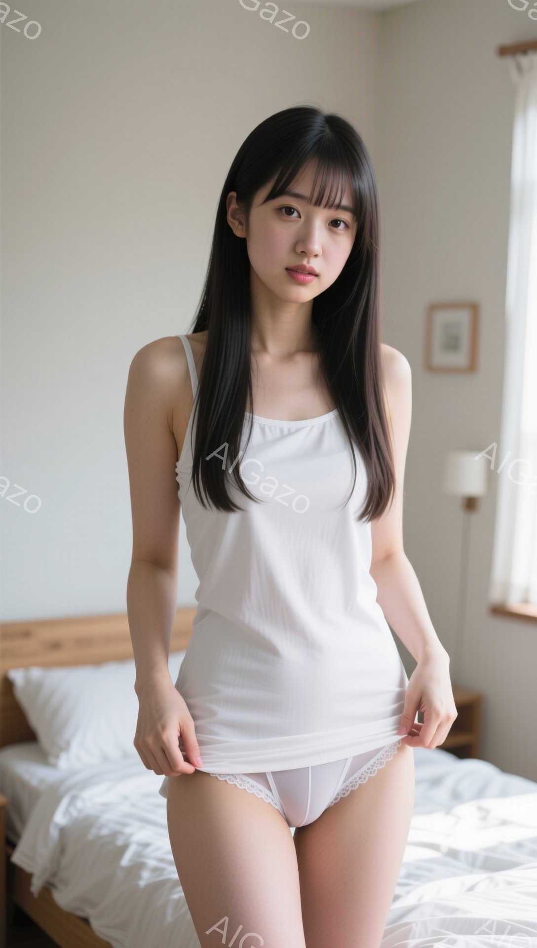 長い黒髪を肩まで伸ばした若い女性が、白いキャミソールと白いパンティー姿でベッドの上に立っている。彼女は少し微笑んでおり、リラックスした表情をしている。背景はシンプルな寝室で、白いベッド、間接照明、そして壁に飾られた小さな絵画が見える。