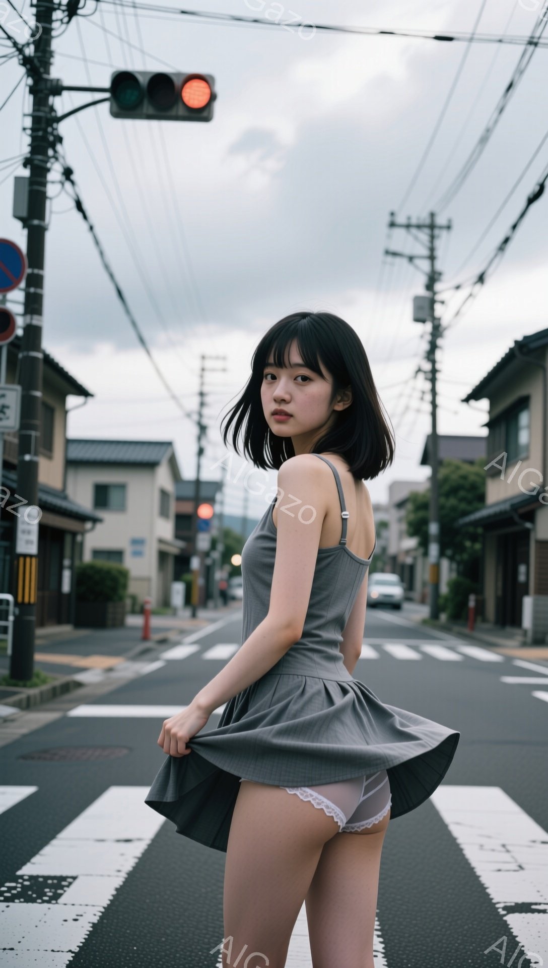 若い女性が横断歩道でスカートを持ち上げて立っている。彼女は肩紐のついたグレーの短いワンピースを着ており、黒いショートボブヘアにしている。背景には住宅街が広がり、曇り空の下、電柱や信号機が見える。