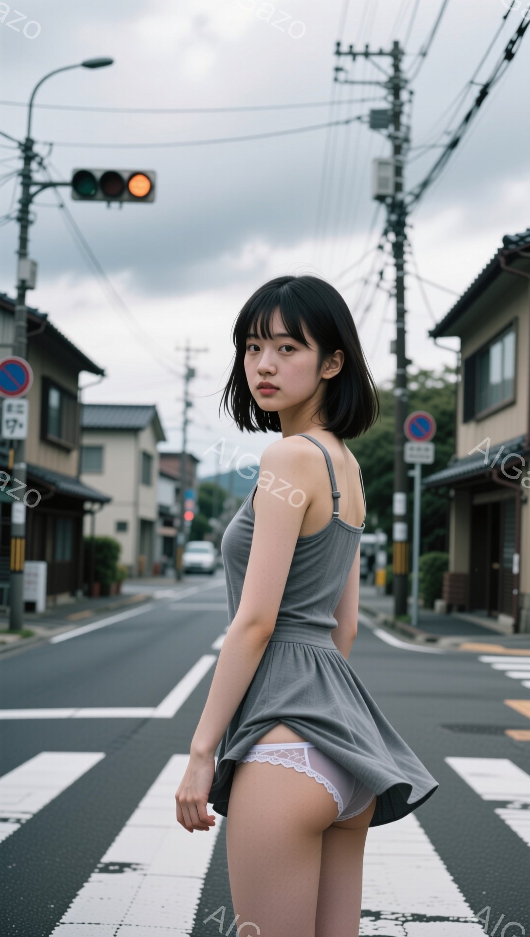 短い黒髪の女性が、横断歩道上で振り返っています。グレーのキャミソールワンピースと白いレースのパンツを着用しており、少し憂いを帯びた表情をしています。背景には日本の住宅街が広がり、曇天の下、電柱や交通標識が立ち並んでいます。