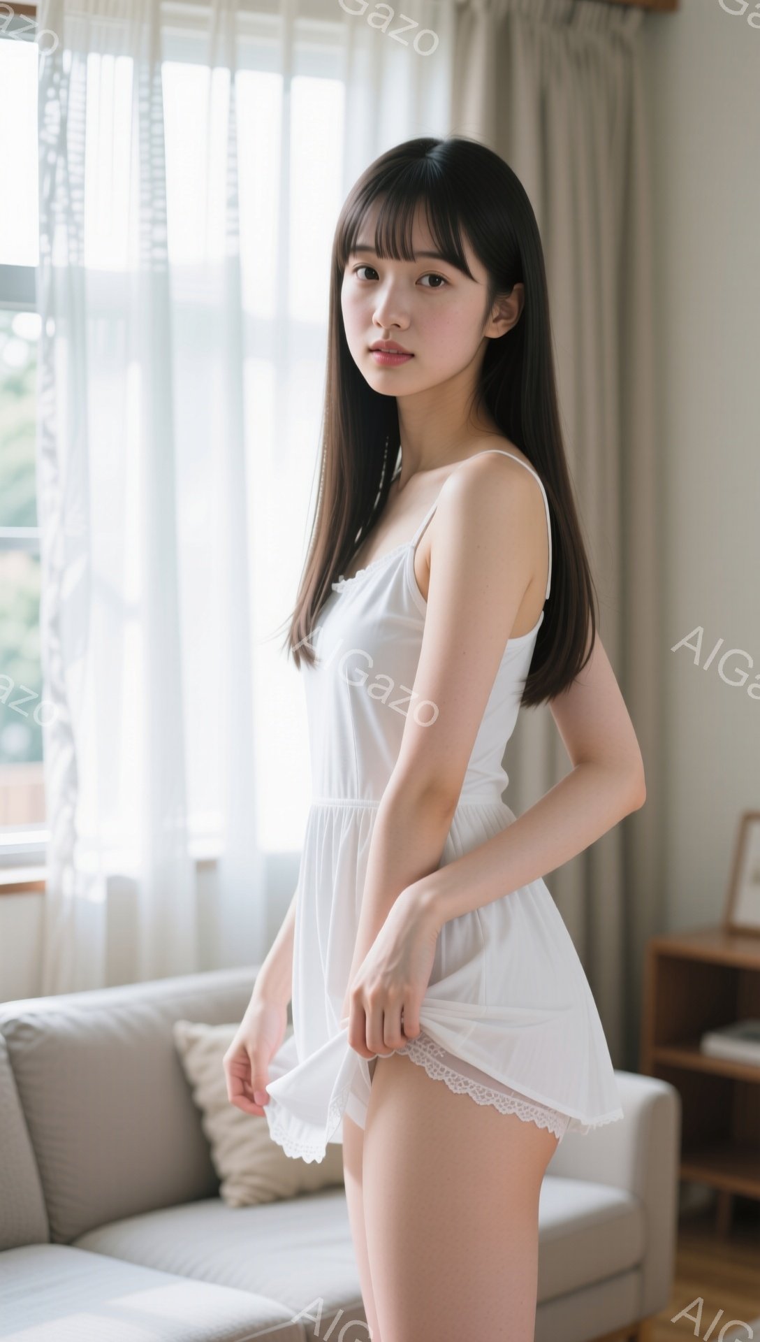 長い黒髪をセンターパートにした若い女性が、白いキャミソールワンピースを着て立っています。彼女はワンピースの裾を軽く握り、少し微笑んだ表情でカメラを見ています。背景には、淡い色のソファと木製のキャビネットがあり、明るい自然光が差し込むリビングルームのようです。