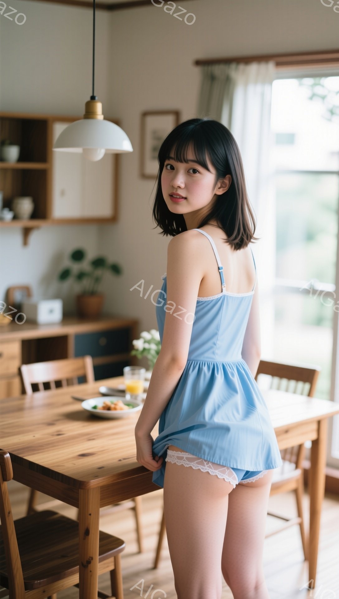 明るい室内で、ショートヘアの女性が背を向けて立っています。水色のワンピースと白いレースのついた下着を着ており、少し恥ずかしそうな表情をしています。背景には木製のダイニングテーブルと椅子、そして窓から見える緑豊かな風景が見え、朝食のようなものがテーブルに置かれています。
