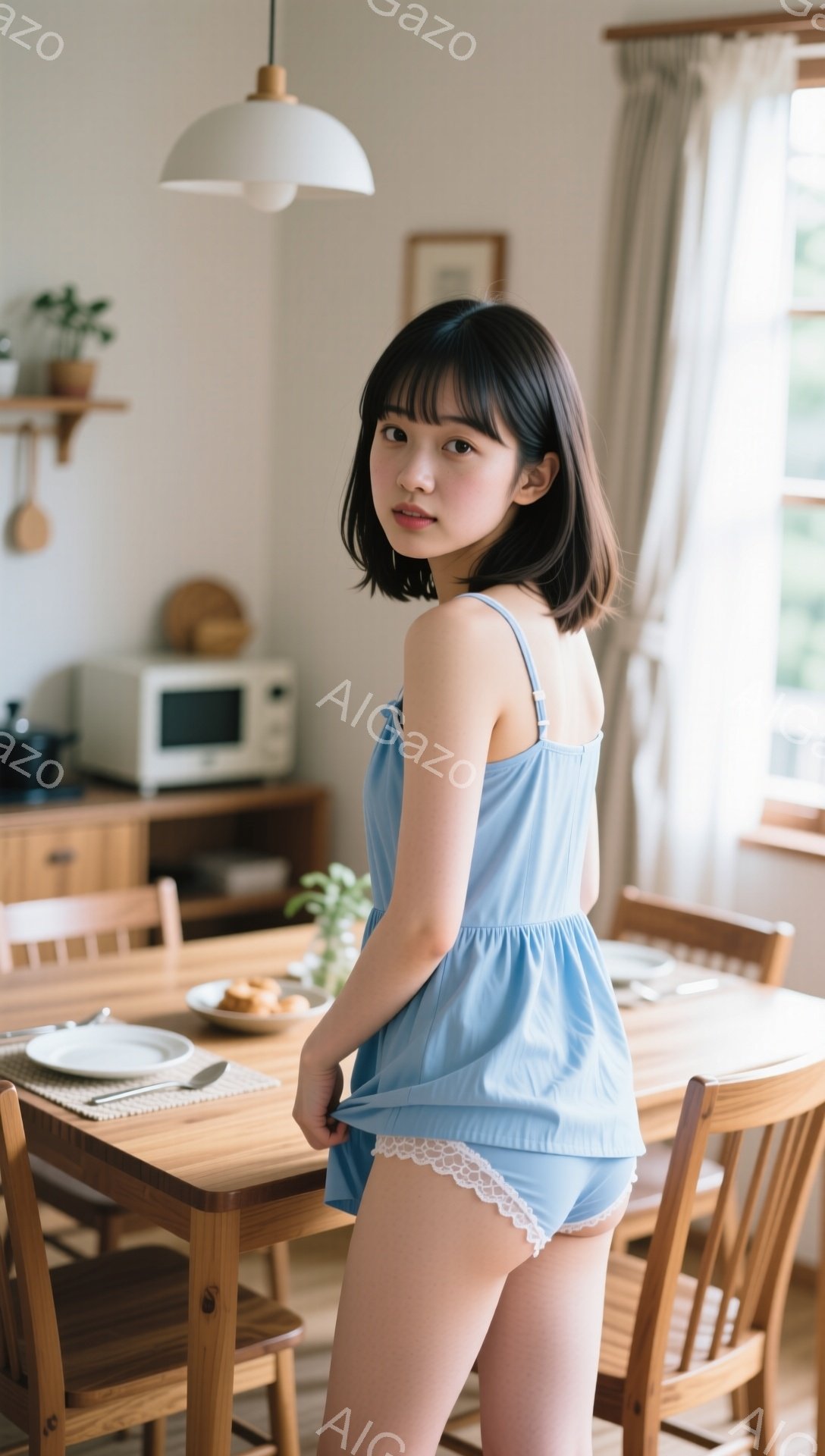 明るい室内で、肩出しの淡い水色のキャミソールと白いレースのショートパンツを着用した若い女性が写っている。彼女は振り返り、少し微笑んでおり、黒髪のボブヘアは肩にかかっている。背景には木製のダイニングテーブル、キッチン家電、そして窓から差し込む自然光が見え、全体的に穏やかで温かい雰囲気が漂っている。