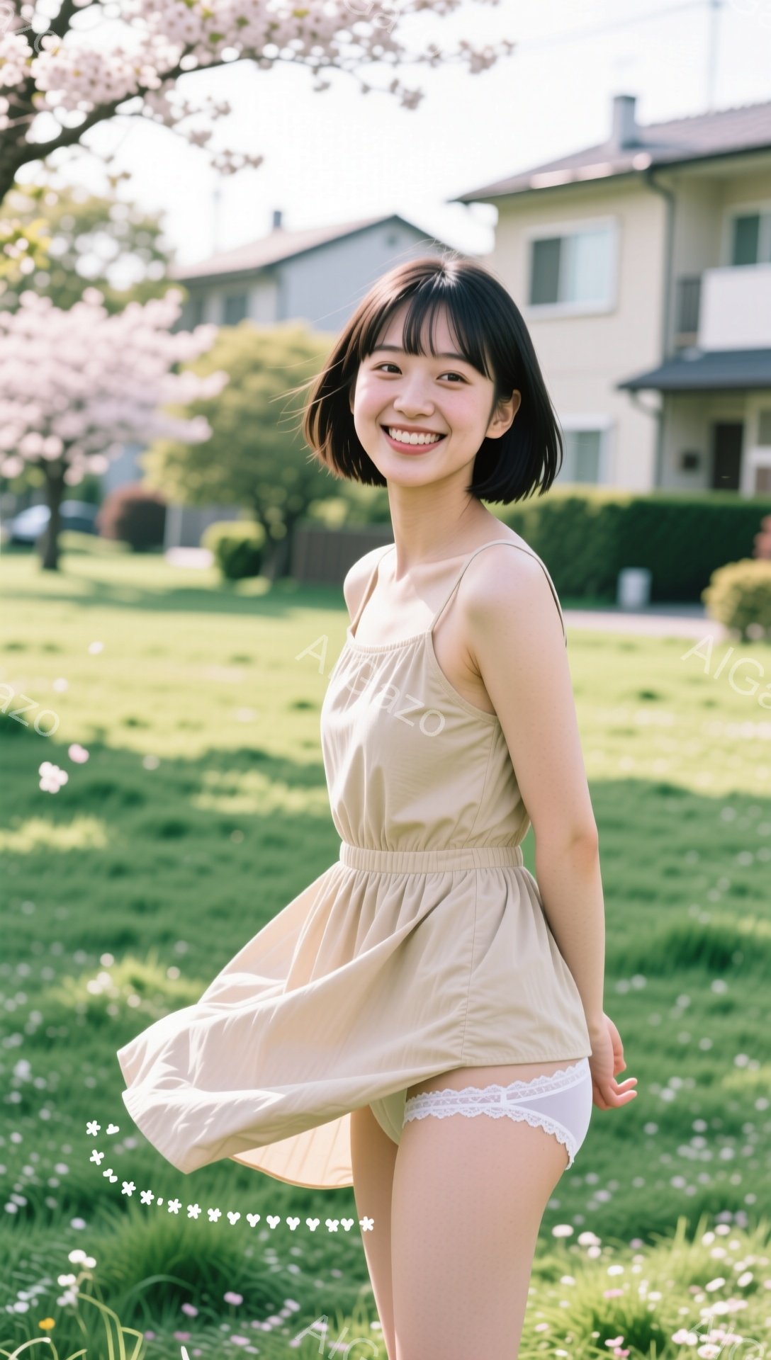 若い女性が芝生の庭に立っており、ベージュ色のキャミソール風のワンピースを着ています。彼女は微笑んでおり、ワンピースが風でふわふわと揺れています。背景には、桜の木と白い家が見え、晴れた春の日の穏やかな雰囲気です。
