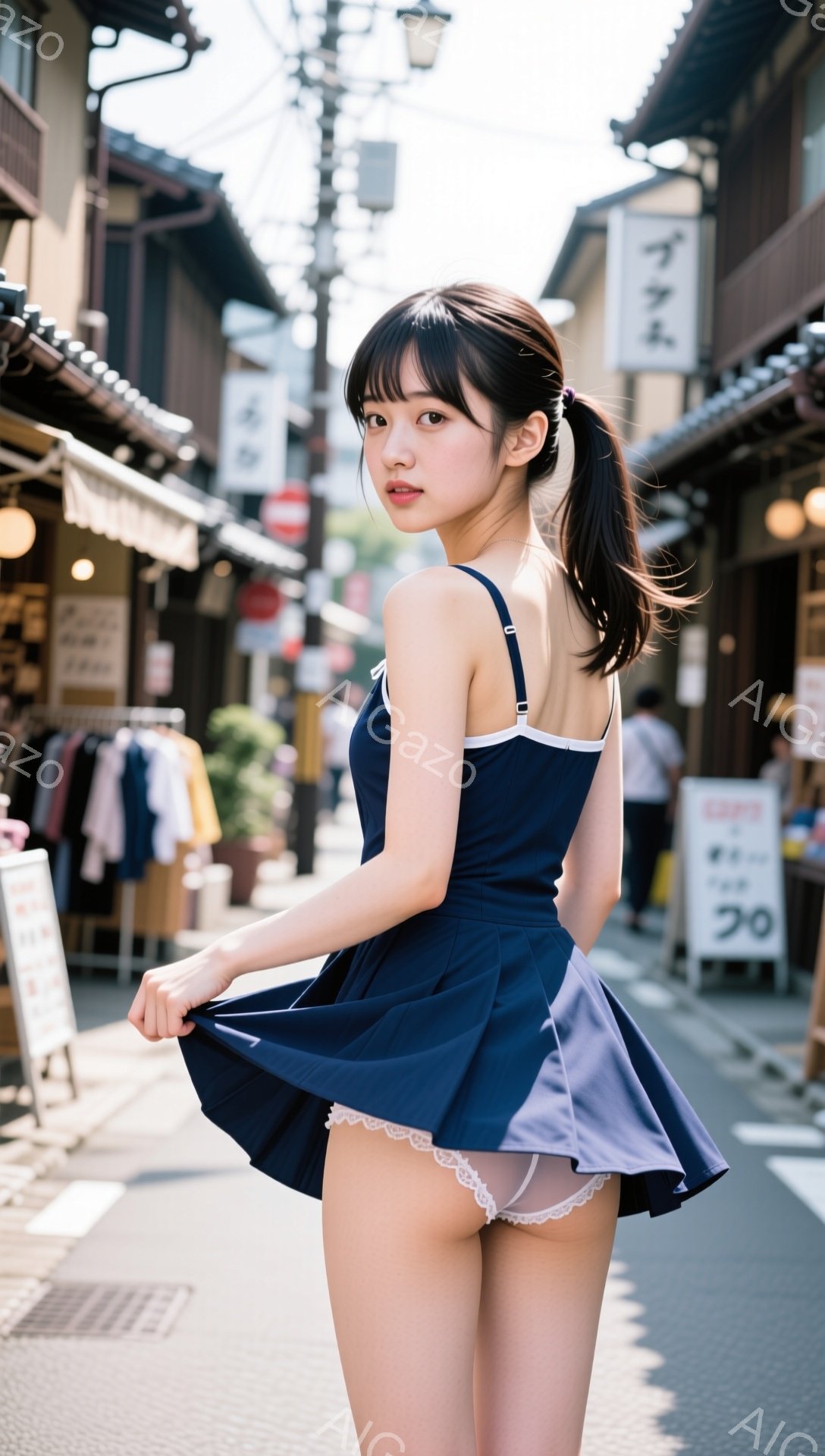 紺色のワンピースを着た若い女性が、石畳の道でスカートを持ち上げて立っている。彼女は長い黒髪をポニーテールにし、少し微笑んでいる。背景には木造の古い建物が並び、商店街の賑やかな雰囲気を感じさせる晴れた日 - AI生成フリー素材